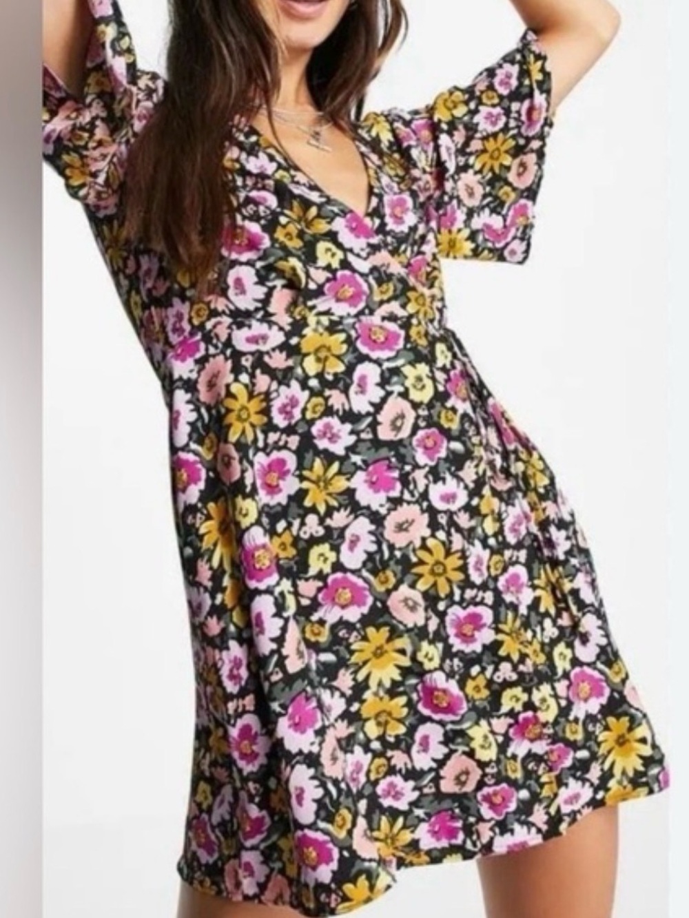 TopShop Floral Print Ruffle Flutter Sleeve Wrap Dress Size 14 NWT